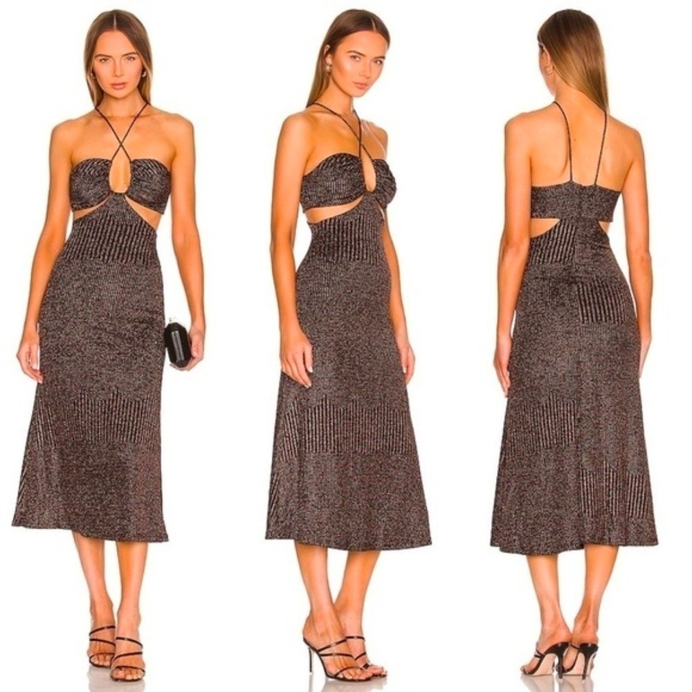 Misha‎ Dulci Revolve Metallic Multi Midi Dress Cutout Black Rainbow Size 0